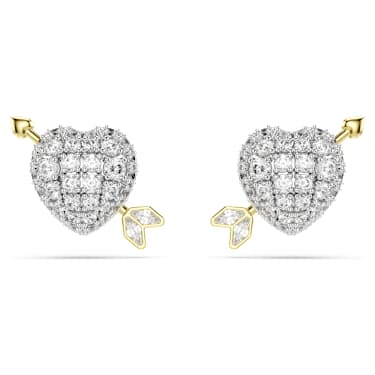 Idyllia 스터드 이어링, 믹스 컷, 하트 위드 애로우, 화이트, 믹스 메탈 피니시 - Swarovski, 5737298