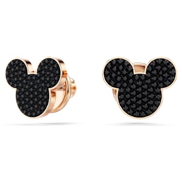 Mickey & Minnie 耳釘, 黑色, 鍍玫瑰金色調 - Swarovski, 5737560
