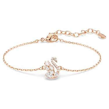 Náramek Swan, Různé výbrusy, Labuť, Bílá, Pokoveno v růžovozlatém odstínu - Swarovski, 5738202