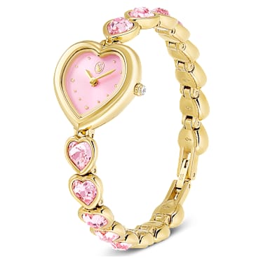 Idyllia Heart watch, Crystal bracelet, Pink, Gold-tone finish - Swarovski, 5741519