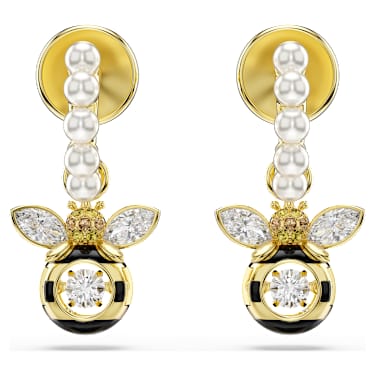 Idyllia drop earrings, Crystal pearl, Mixed cuts, Bee, Multicoloured, Gold-tone plated - Swarovski, 5742678