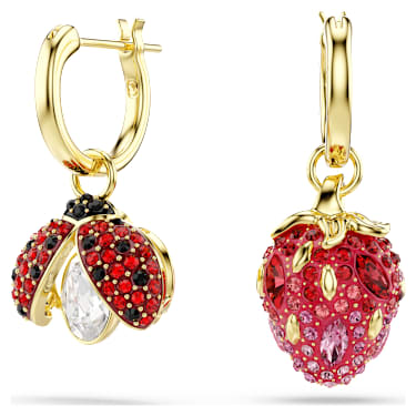Idyllia drop earrings, Set (3), Ladybug, Clover, Strawberry, Multicolored, Gold-tone plated - Swarovski, 5742681