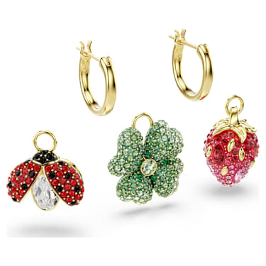 Visací náušnice Idyllia, Sada (3), Beruška, čtyřlístek, jahoda, Vícebarevné, Povrchová úprava z 18k zlata - Swarovski, 5742681