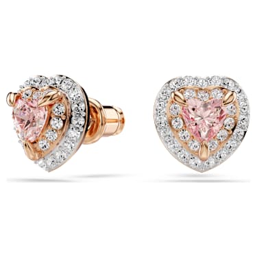 One 耳钉, 心形切割，密镶, 心形, 粉红色, 玫瑰金色饰面 - Swarovski, 5743572