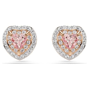One düğme Küpeler, Kalp kesim, Pavé, Kalp, Pembe, 18k pembe altın rengi yüzey - Swarovski, 5743572