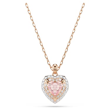 Wisiorek One, Szlif w kształcie serca, Oprawa brukowa, Serce, Różowy, Wykończenie z 18-karatowego różowego złota - Swarovski, 5743580
