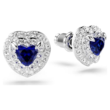 Pendientes de botón One, Talla de corazón, Pavé, Corazón, Azules, Baño de rodio - Swarovski, 5743581