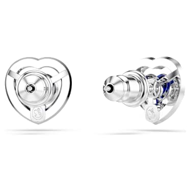 One stud earrings, Heart cut, Pavé, Heart, Blue, Rhodium plated