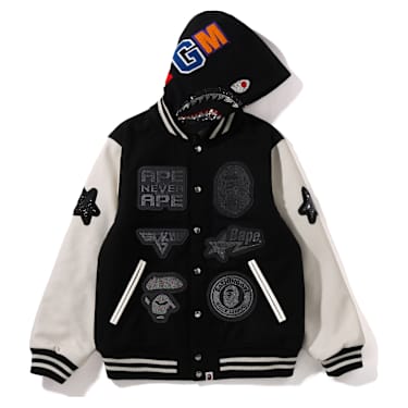 A BATHING APE® Kurtka z kapturem typu varsity Shark, czarno-biała - Swarovski, 5746769