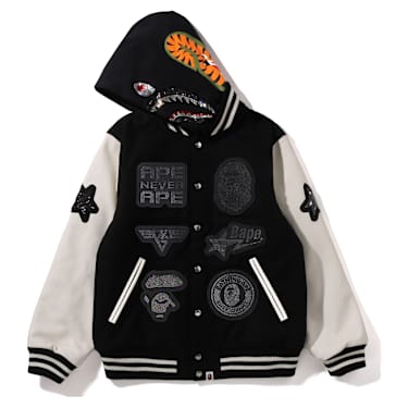 A BATHING APE® Shark Hooded Varsity Jacket, Black and white