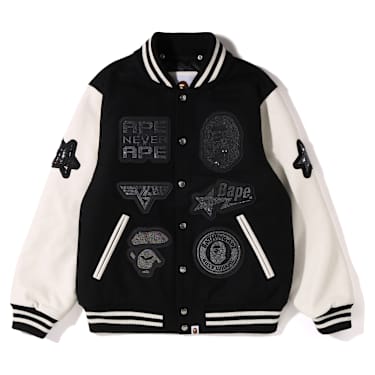 A BATHING APE® Shark Hooded Varsity Jacket, Black and white