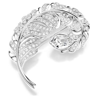 Idyllia brooch, Mixed cuts, Feather, Blue, Rhodium plated - Swarovski, 5747549