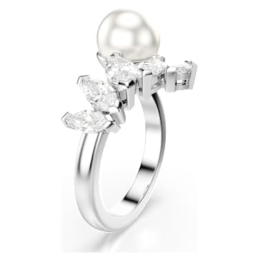 Anello aperto Mesmera, Crystal Pearl, Taglio Marquise, Bianco, Placcato rodio - Swarovski, 5748009