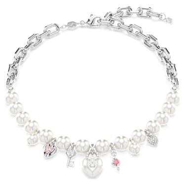 Idyllia necklace, Crystal pearl, Mixed cuts, White, Rhodium plated - Swarovski, 5749601