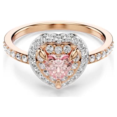 Pierścionek z motywem One, Szlif w kształcie serca, Oprawa brukowa, Serce, Różowy, Wykończenie z 18-karatowego różowego złota - Swarovski, 5753114