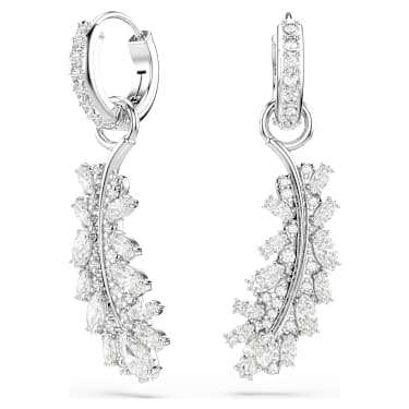 Vienna 穿孔耳環, 混合式切割, 羽毛, 白色, 鍍白金色 - Swarovski, 5754272