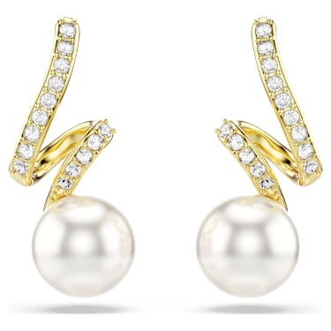 Gabriella earrings, Crystal pearl, Round cut, White, 18K gold finish - Swarovski, 5754386