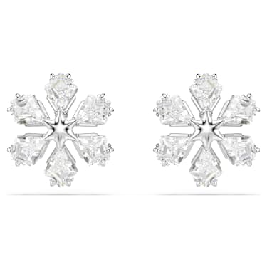 Idyllia stud earrings, Mixed cuts, Snowflake, White, Rhodium plated - Swarovski, 5754687