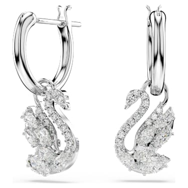 Swan csepp alakú fülbevaló, Vegyes metszés, Hattyú, Fehér, Ródium bevonattal - Swarovski, 5759942