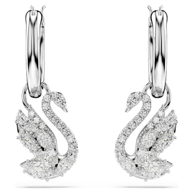 Swan csepp alakú fülbevaló, Vegyes metszés, Hattyú, Fehér, Ródium bevonattal - Swarovski, 5759942