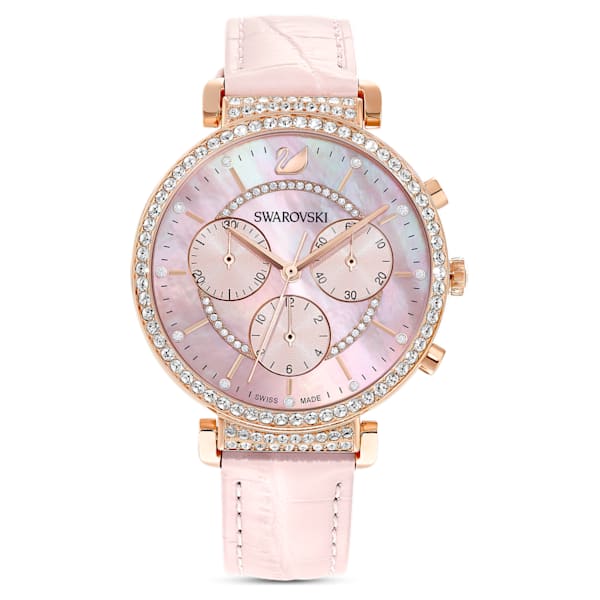 Passage Chrono 手錶, 真皮錶帶, 粉紅色, 玫瑰金色調PVD - Swarovski, 5580352