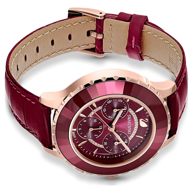 Octea Lux Chrono Watch Leather Strap Red Rose Gold Tone Finish Swarovski Com