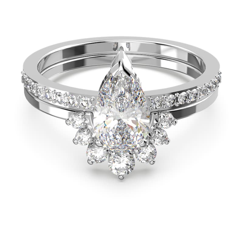 Attract ring, Set (2), Pear cut, White, Rhodium plated | Swarovski