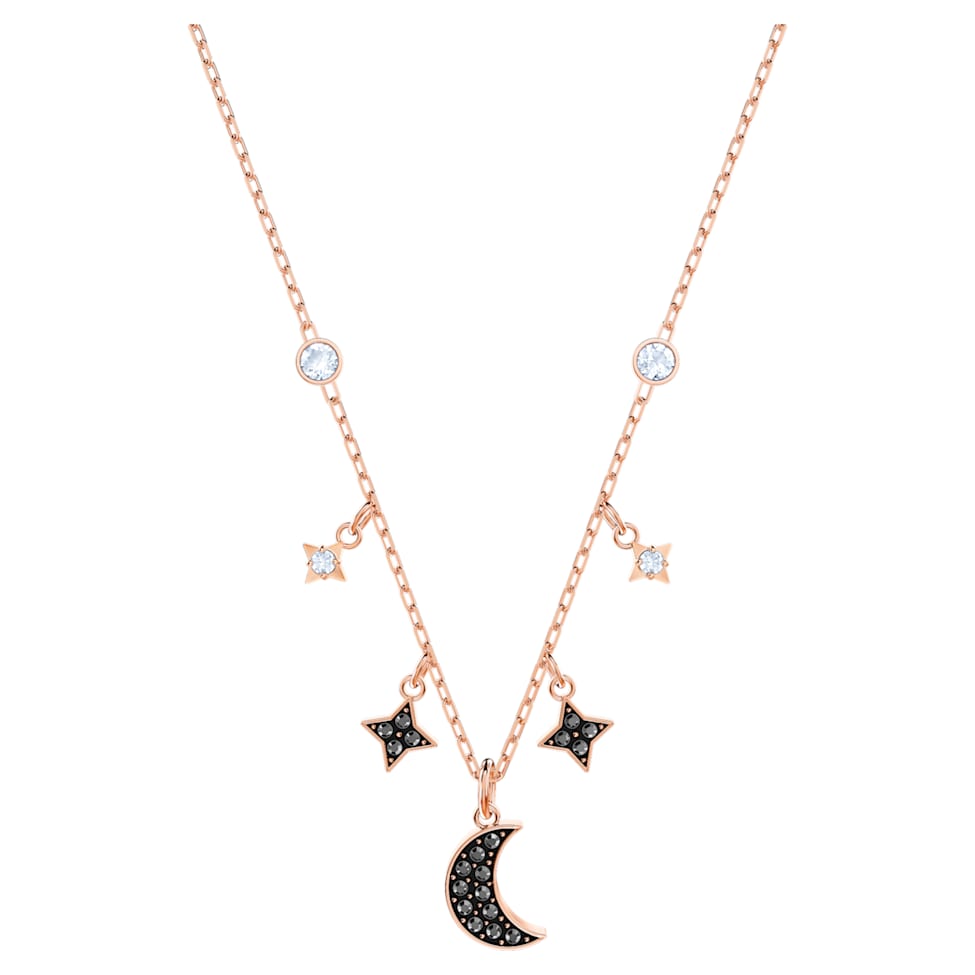 Swarovski Symbolic necklace, Moon and star, Black, Rose gold-tone plated by SWAROVSKI