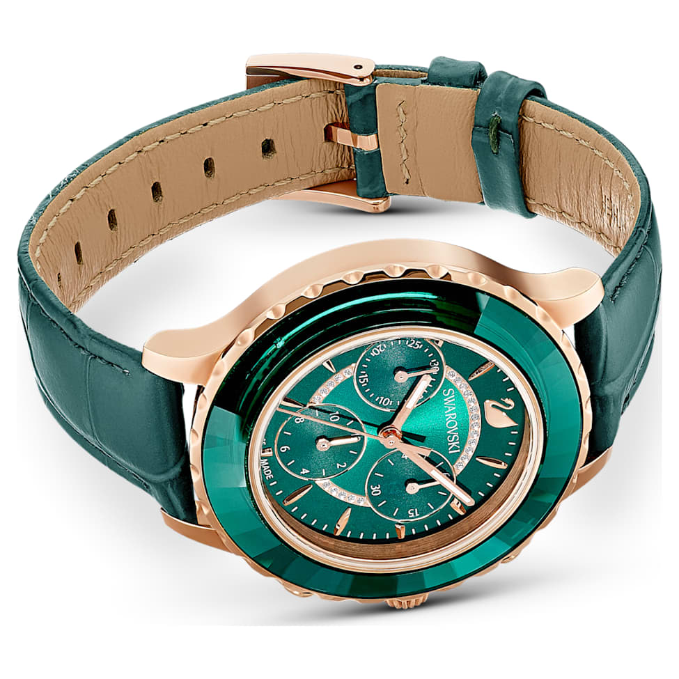 Octea Lux Chrono watch, Swiss Made, Leather strap, Green, Rose gold-tone finish by SWAROVSKI