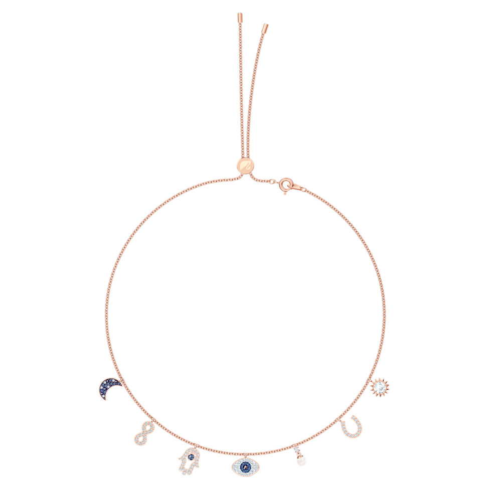 Swarovski Symbolic necklace, Moon, infinity, hand, evil eye and horseshoe, Blue, Rose gold-tone plated by SWAROVSKI
