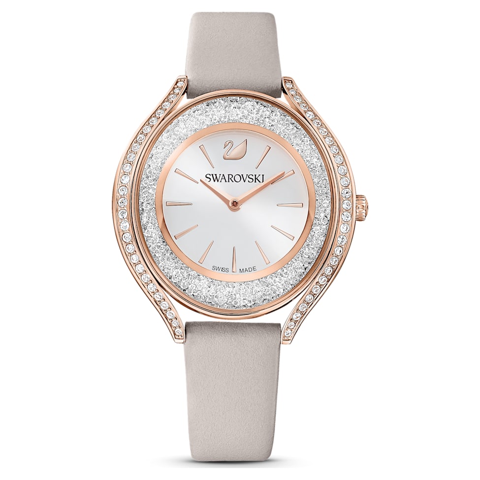 Crystalline Aura watch, Swiss Made, Leather strap, Gray, Rose gold-tone finish by SWAROVSKI