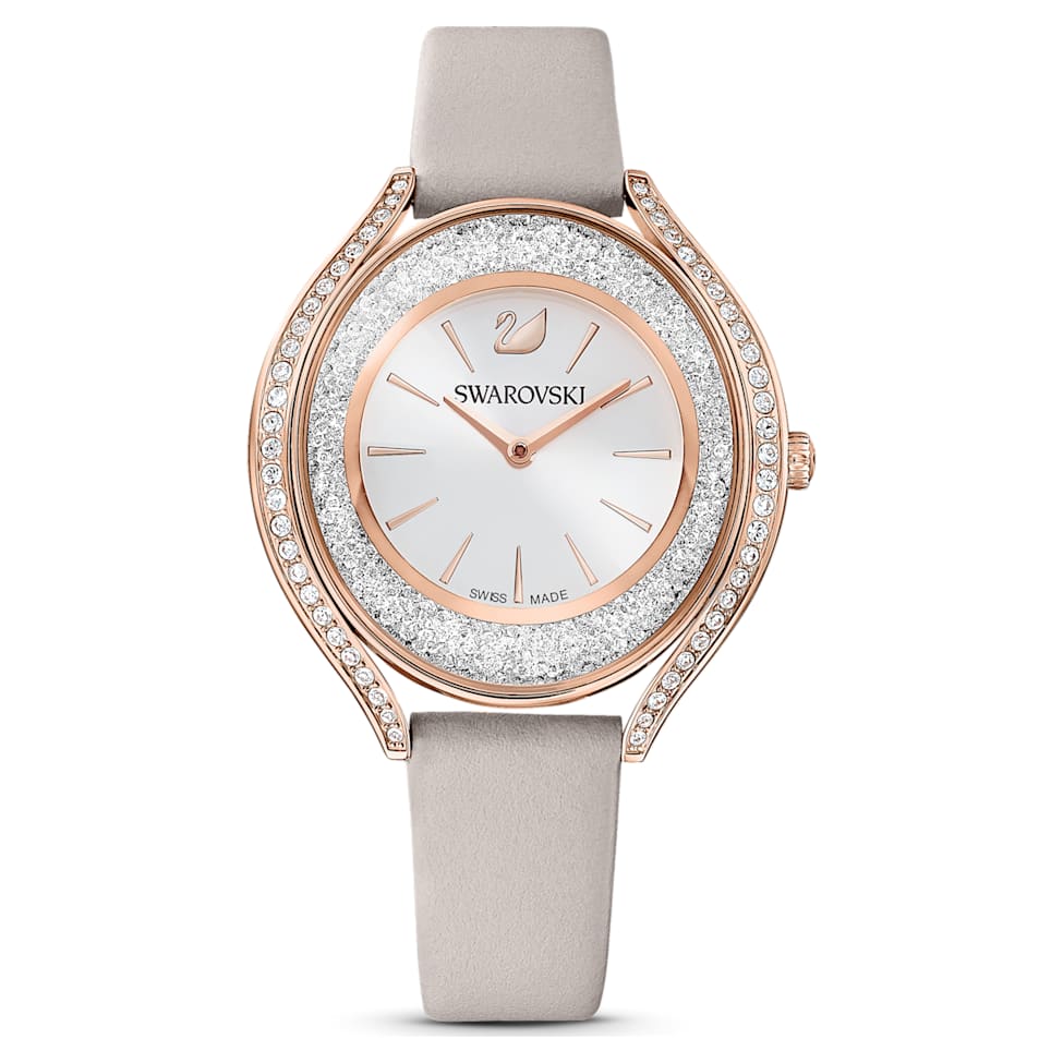 Crystalline Aura watch, Swiss Made, Leather strap, Grey, Rose gold-tone finish by SWAROVSKI
