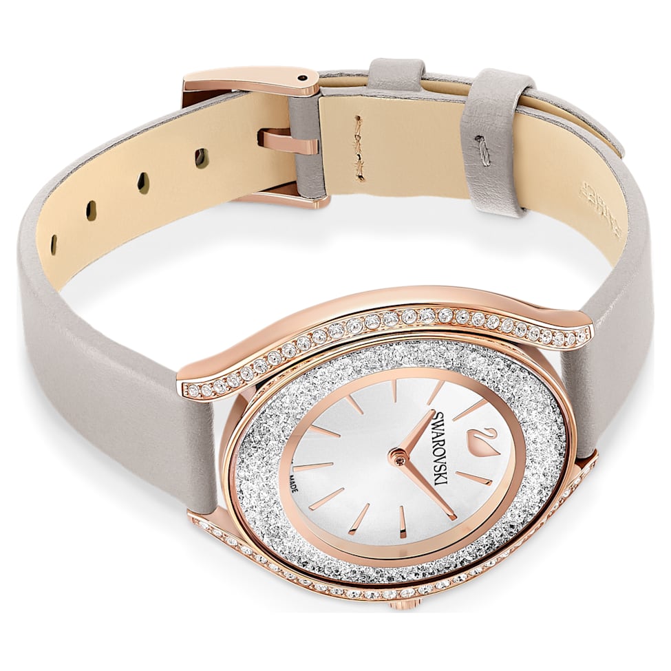 Crystalline Aura watch, Swiss Made, Leather strap, Grey, Rose gold-tone  finish by SWAROVSKI