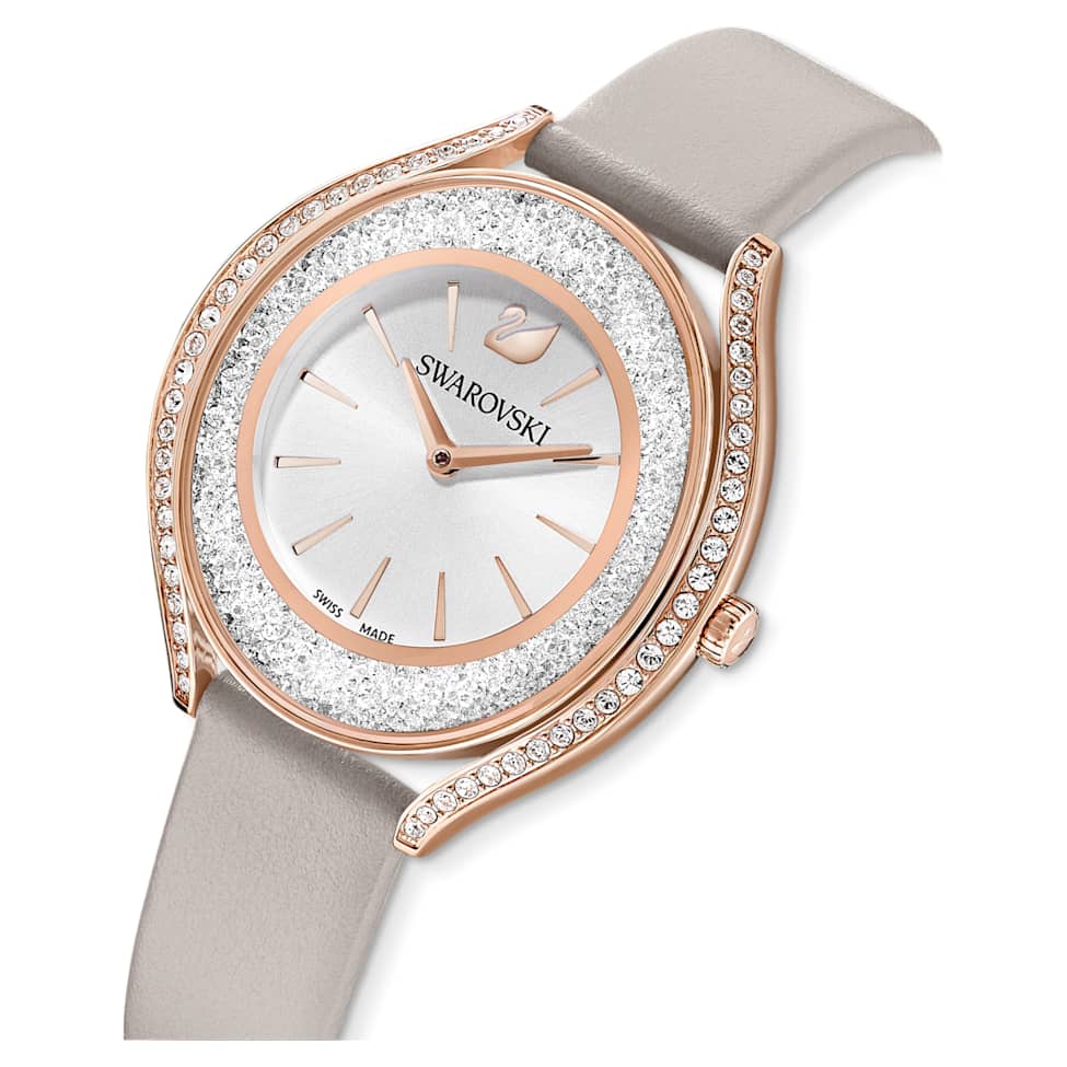Crystalline Aura watch, Swiss Made, Leather strap, Grey, Rose gold-tone finish by SWAROVSKI
