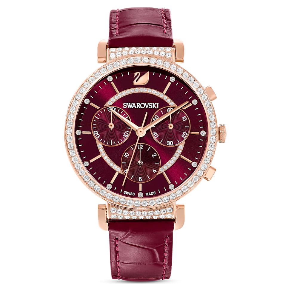 Passage Chrono watch, Swiss Made, Leather strap, Red, Rose gold-tone finish by SWAROVSKI