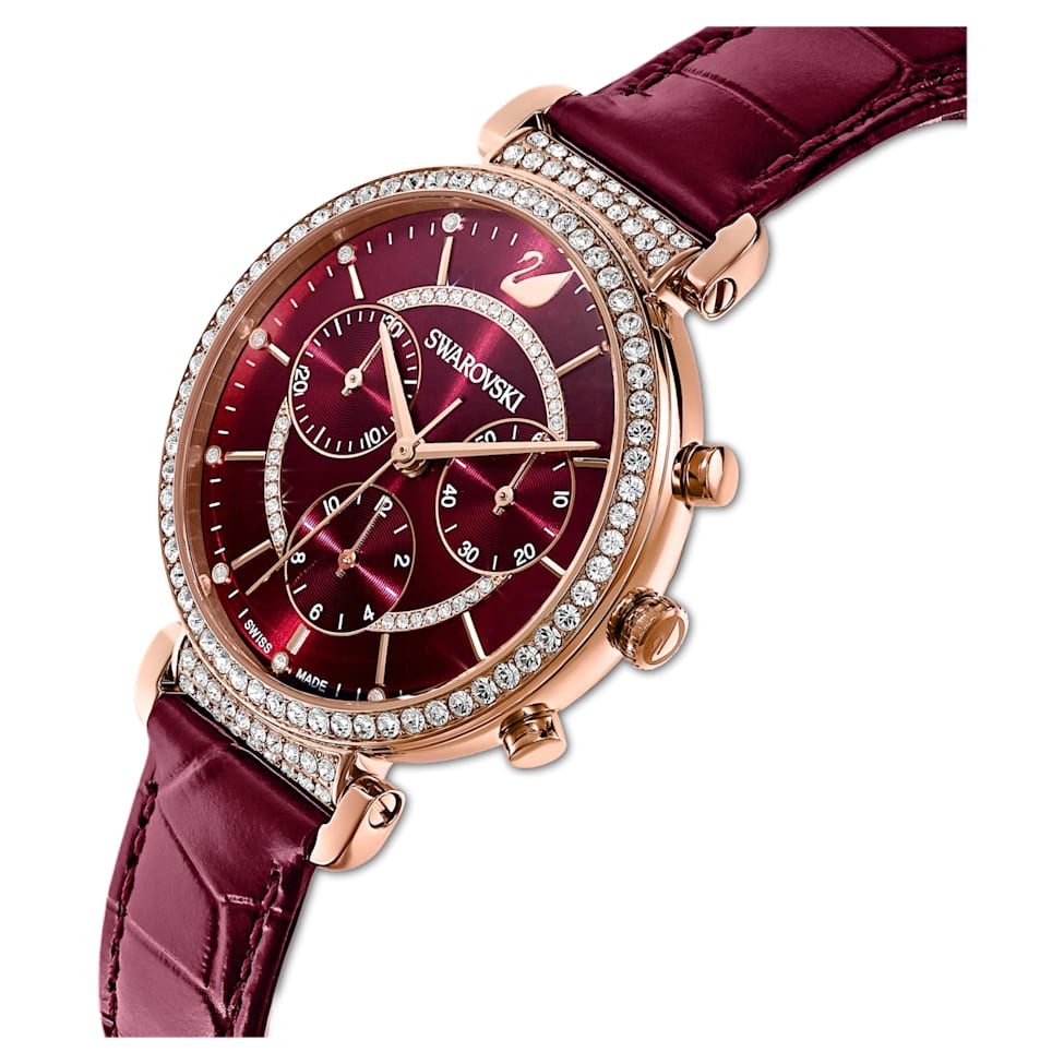 Passage Chrono watch, Swiss Made, Leather strap, Red, Rose gold-tone finish by SWAROVSKI