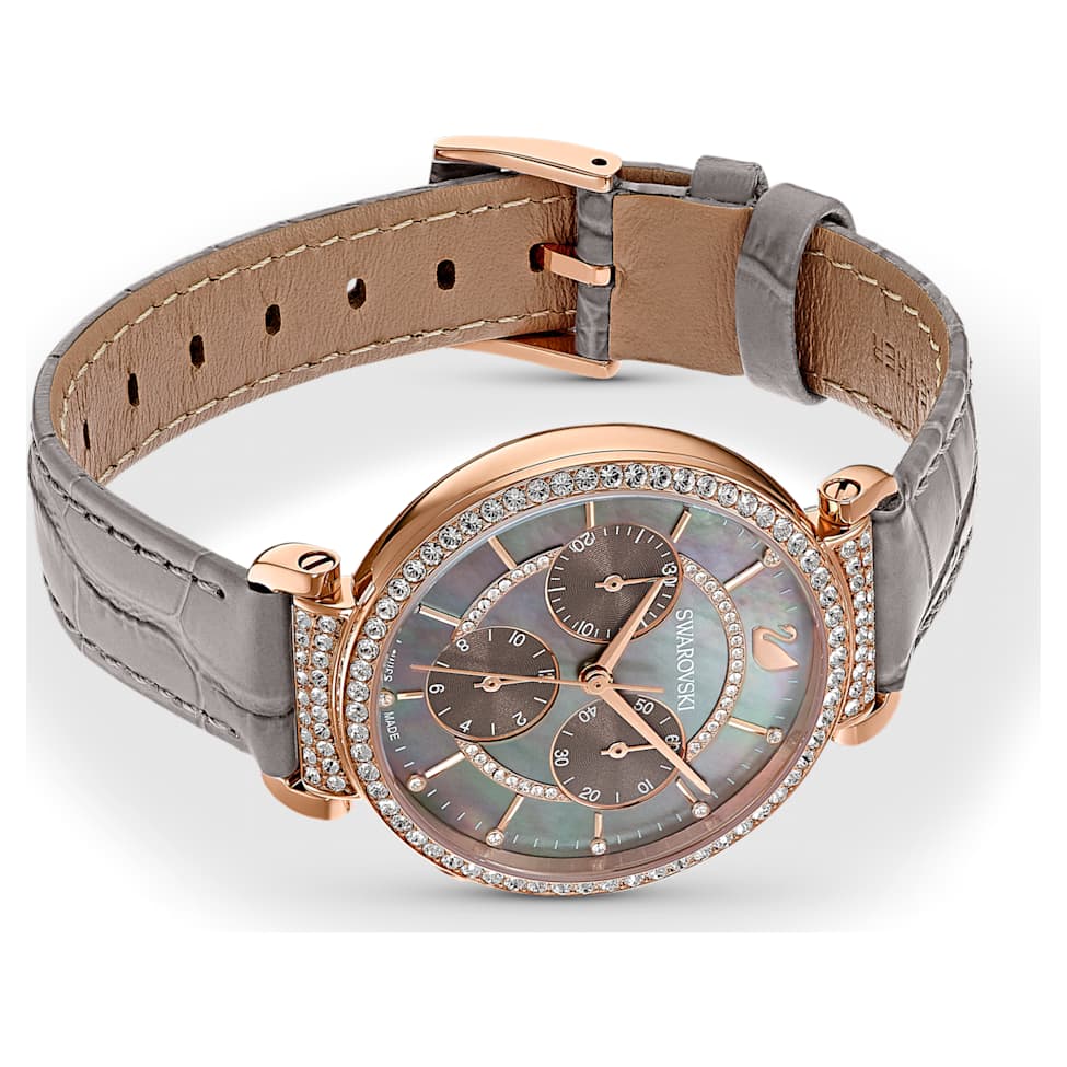 Passage Chrono watch, Swiss Made, Leather strap, Grey, Rose gold-tone finish by SWAROVSKI