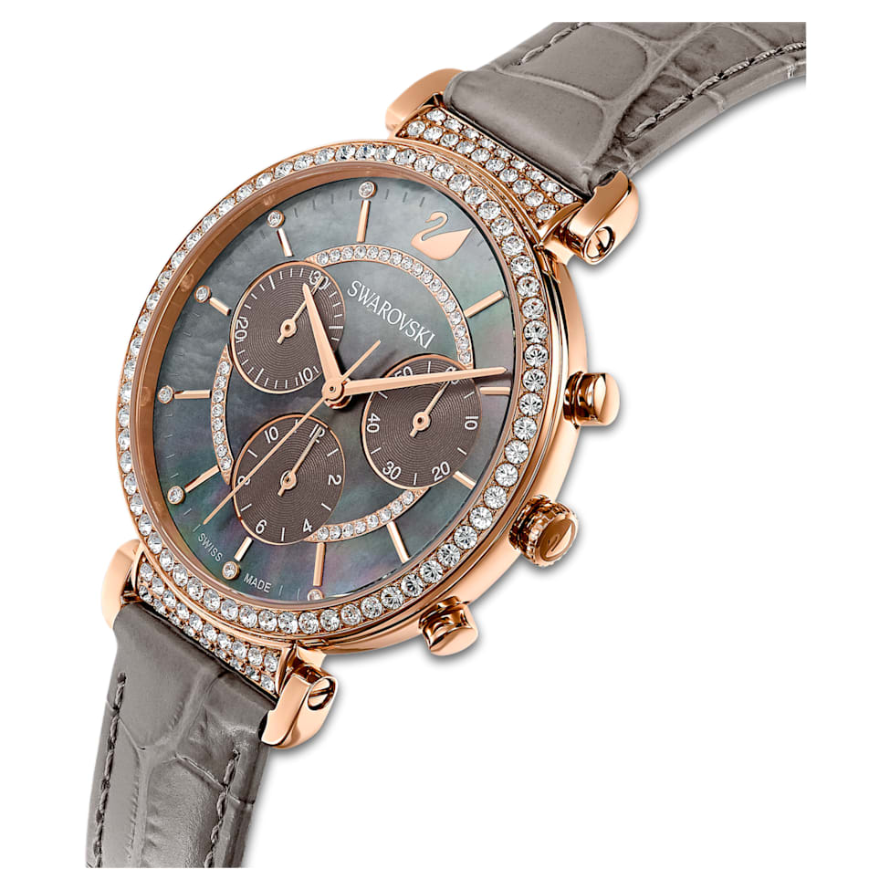 Passage Chrono watch, Swiss Made, Leather strap, Gray, Rose gold-tone finish by SWAROVSKI