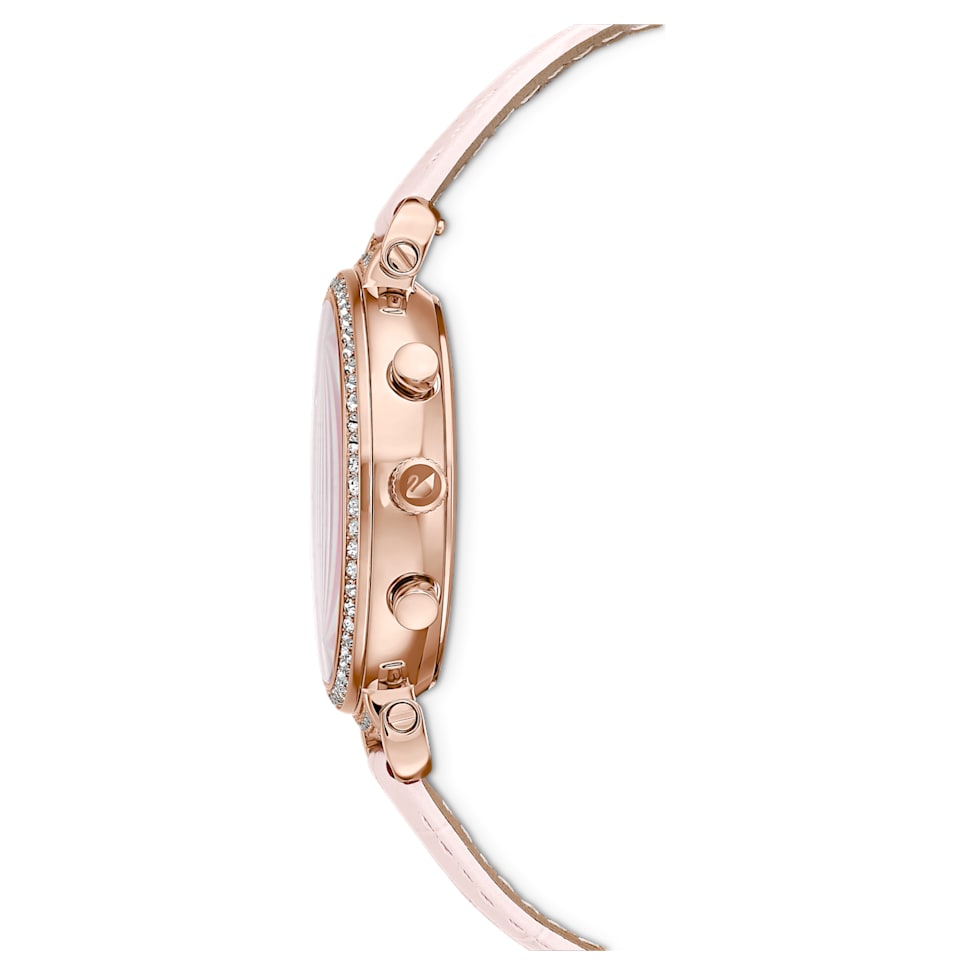 Passage Chrono watch, Swiss Made, Leather strap, Pink, Rose gold-tone finish by SWAROVSKI