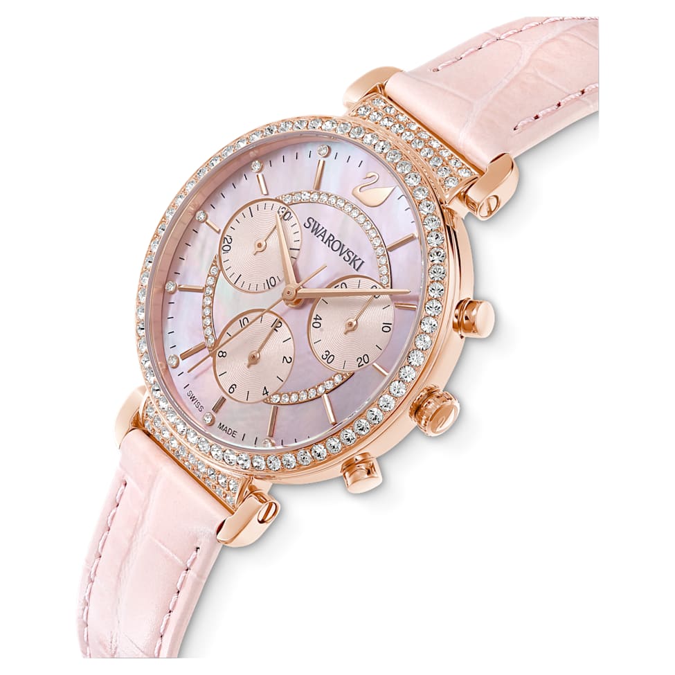 Passage Chrono watch, Swiss Made, Leather strap, Pink, Rose gold-tone finish by SWAROVSKI