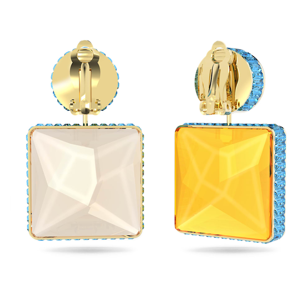 Orbita clip earrings, Asymmetrical design, Square cut, Multicolored, Gold-tone plated by SWAROVSKI
