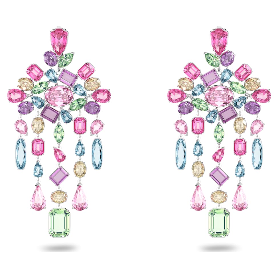 Gema clip earrings, Mixed cuts, Chandelier, Multicoloured, Rhodium plated by SWAROVSKI