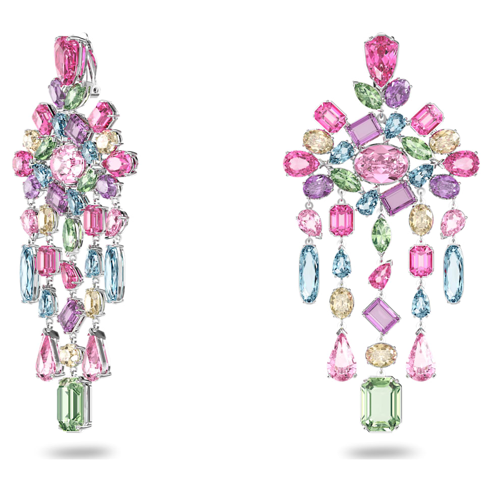 Gema clip earrings, Mixed cuts, Chandelier, Extra long, Multicolored, Rhodium plated by SWAROVSKI