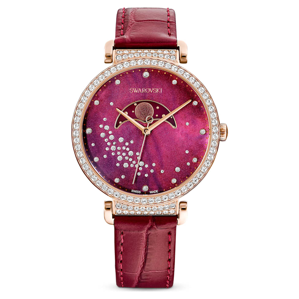 Passage Moon Phase watch, Swiss Made, Moon, Leather strap, Red, Rose gold-tone finish by SWAROVSKI