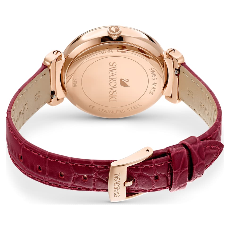 Passage Moon Phase watch, Swiss Made, Moon, Leather strap, Red, Rose gold-tone finish by SWAROVSKI