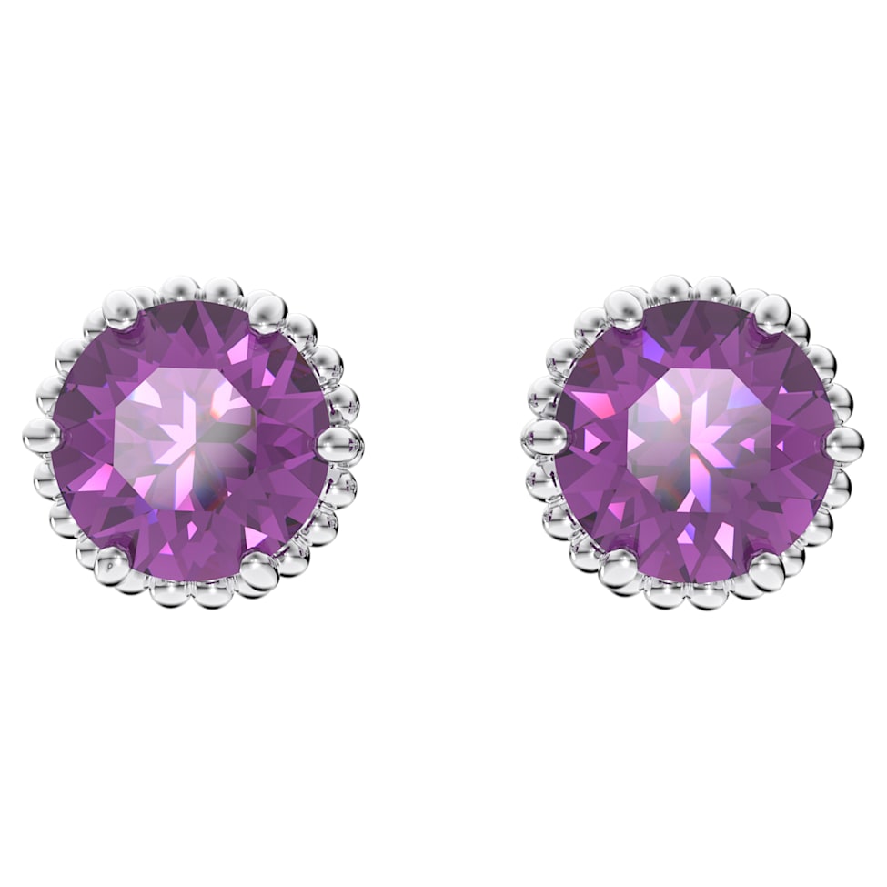 Birthstone stud earrings, Round cut, February, Purple, Rhodium plated by SWAROVSKI