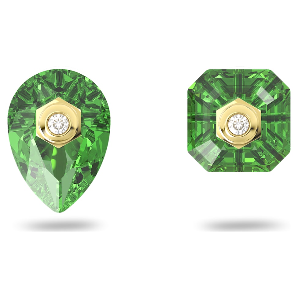 Numina stud earrings, Asymmetrical design, Mixed cuts, Green, Gold-tone plated by SWAROVSKI