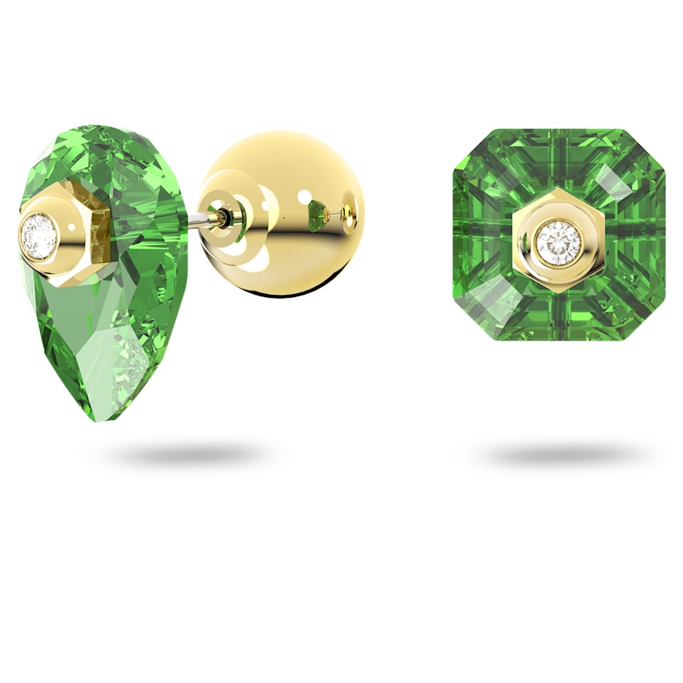 Numina stud earrings, Asymmetrical design, Mixed cuts, Green, Gold-tone plated by SWAROVSKI
