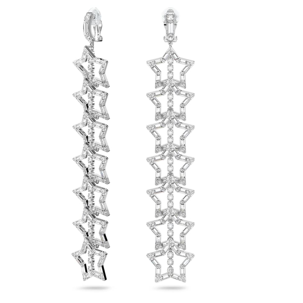Stella clip earrings, Star, White, Rhodium plated by SWAROVSKI