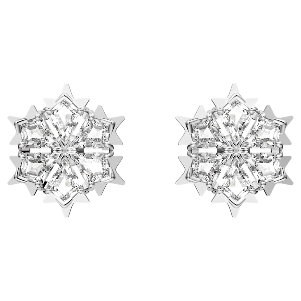 Magic stud earrings, Snowflake, White, Rhodium plated by SWAROVSKI
